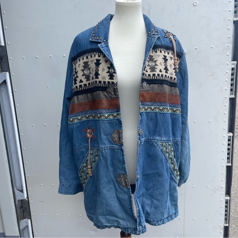 Vintage denim embroidered Aztec print size large southwestern